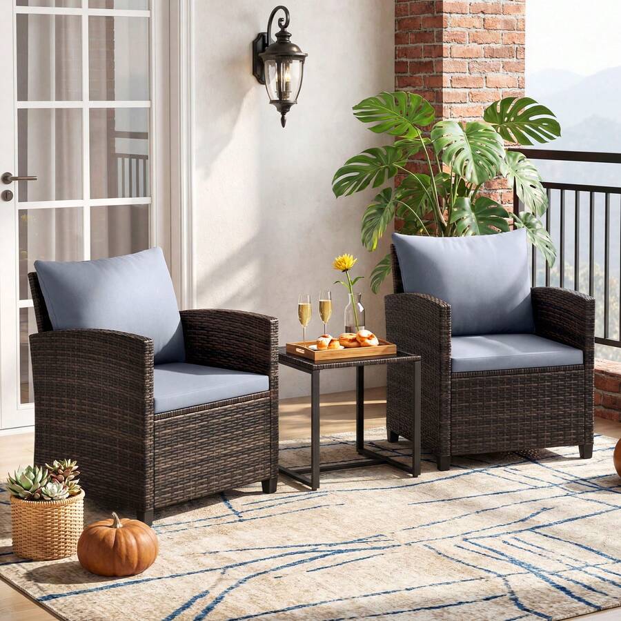 GOFLAME 3-Piece Garden Furniture Set PE Rattan Outdoor Bistro Conversation Set With Cushioned Sofa And Tempered Glass Coffee Table For Porch Balcony And Backyard - Grey - View 1