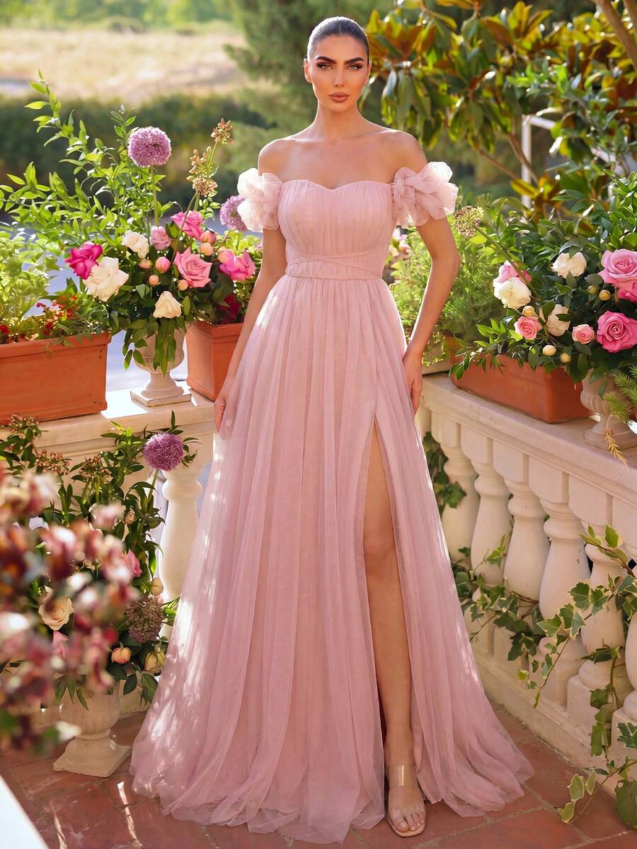 Faeriesty Đầm dạ hội dáng chữ A lệch vai, tay phồng, xếp ly, xẻ cao, thích hợp cho đám cưới mùa xuân, tiệc ngoài trời và chụp ảnh. - Hồng - Xem 1