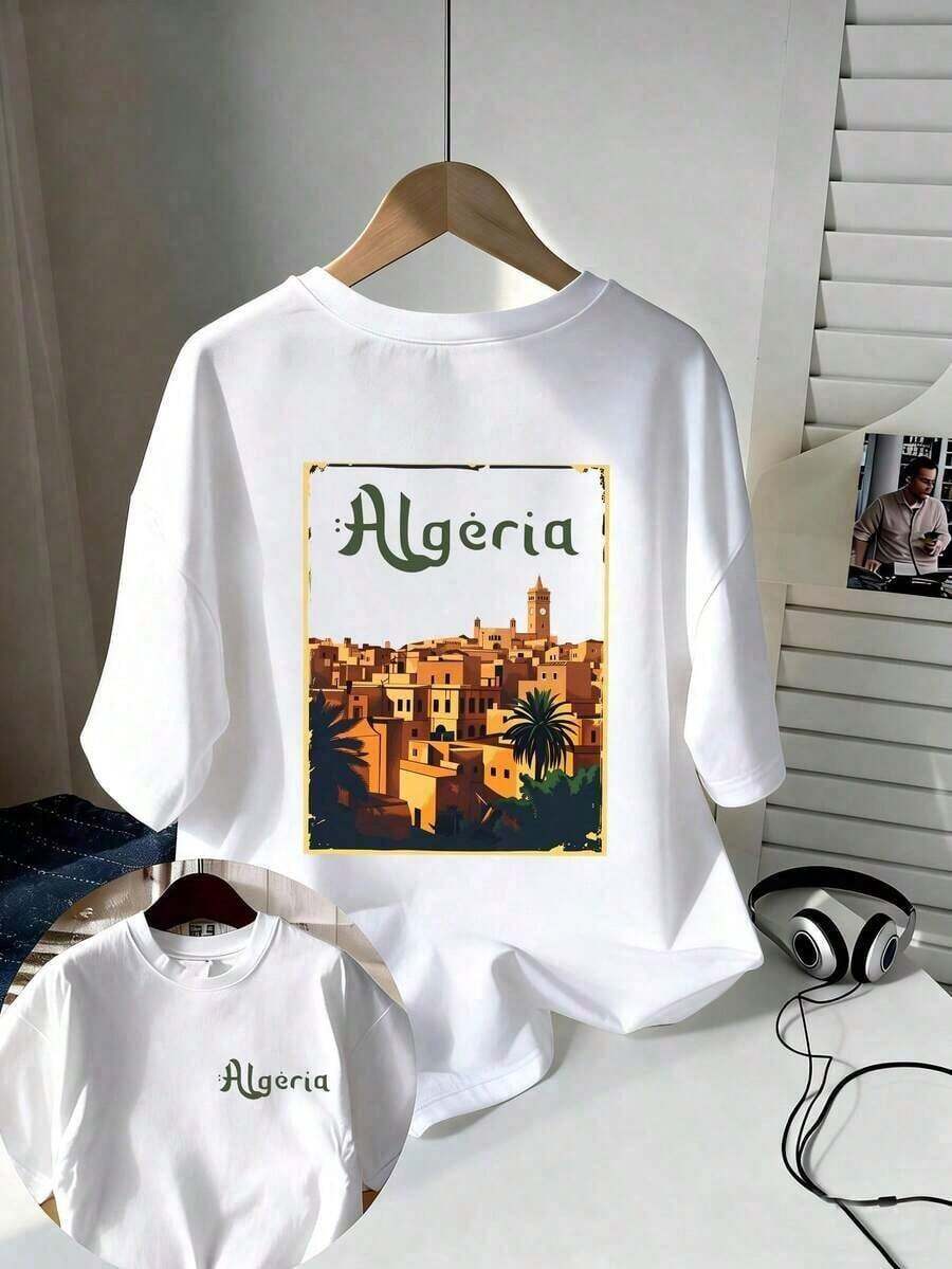 T-Shirt With An Architectural Pattern Of The Old City Of Algeria, In Retro Poster Style, Casual Men's Short-Sleeved Shirt Made Of Pure Cotton, Artistic Style, Ideal For Travel And Holidays, Comfortable And Versatile, Suitable For Leisure, Outdoor Sports And Summer Wear. - 魏斯 - 查看 1