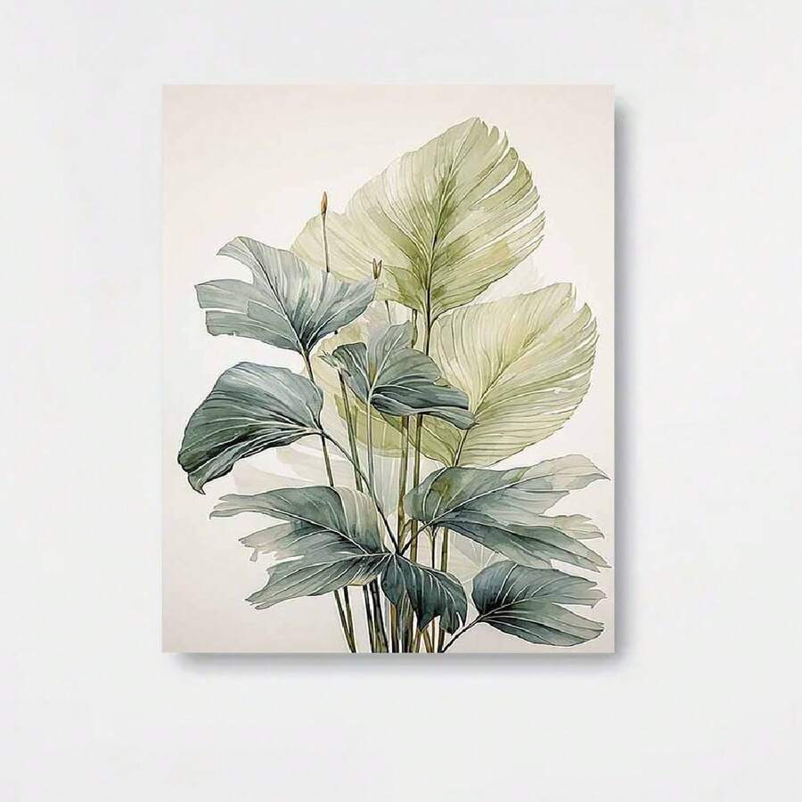 Póster de pared 2D plano, 1 pieza, de hoja botánica bohemia - Impresión en lienzo de hoja verde minimalista moderna adecuada para sala de estar y pintura de hoja natural para decoración del hogar, decoraciones HD para regalo de inauguración de casa - Enmarcado - Ver 1
