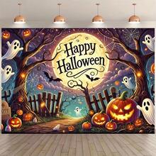 1 Piece Of Haunted Forest Halloween Happy Background Cloth, Full Moon Halloween, Moonlight Path Full Of Ghost Pumpkins, Suitable For Family Gatherings, Halloween Activities, Children's Halloween Decoration, Home Entrance, Garden And Living Room Decoration. - Multicolor - View 2