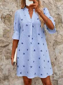 Vestido corto casual de mujer con estampado rojo - Azul - Ver 2