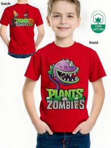 Casual Crew Neck T-Shirt, Sheer Short Sleeve T-Shirt With  Pattern, Minimalist Casual Style, Venus Trap And Tyrannosaurus Rex Flower Print T-Shirt Top, Machine Washable, Small, Medium And Large For Spring, Summer, Autumn And Clothing For Ages 3 To 12 Years - 灰色 - 查看 6