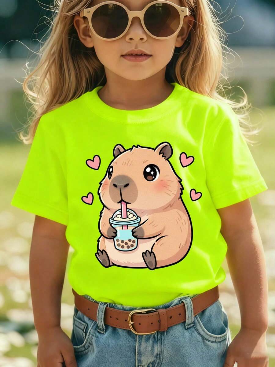 Girls' Summer Fashion Short Sleeve T-Shirt With Capybara Drinking Milk Tea Print, Casual And Versatile Top NY-DX8565 - 灰色 - 查看 1