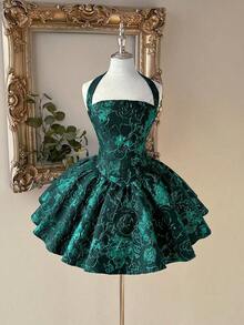 Lovelzi Vestido elegante, romántico y de moda de tela jacquard burdeos con escote halter, espalda descubierta y manga larga en corte evasé, adecuado para ceremonia de graduación, apertura de escuela, festival de música, fiesta de cumpleaños, boda, té de la tarde, baile de graduación - Verde Oscuro - Ver 7