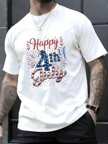 Casual Fireworks Design T-Shirt For The 4th Of July, Patriotic With US Flag - 100% Cotton Graphic Tees For Men, Summer Tees, Y2K Clothing, Matching Sets For Couples, Jamaica Nana T-Shirt, Fashionable Men's Tees - 白色 - 查看 1