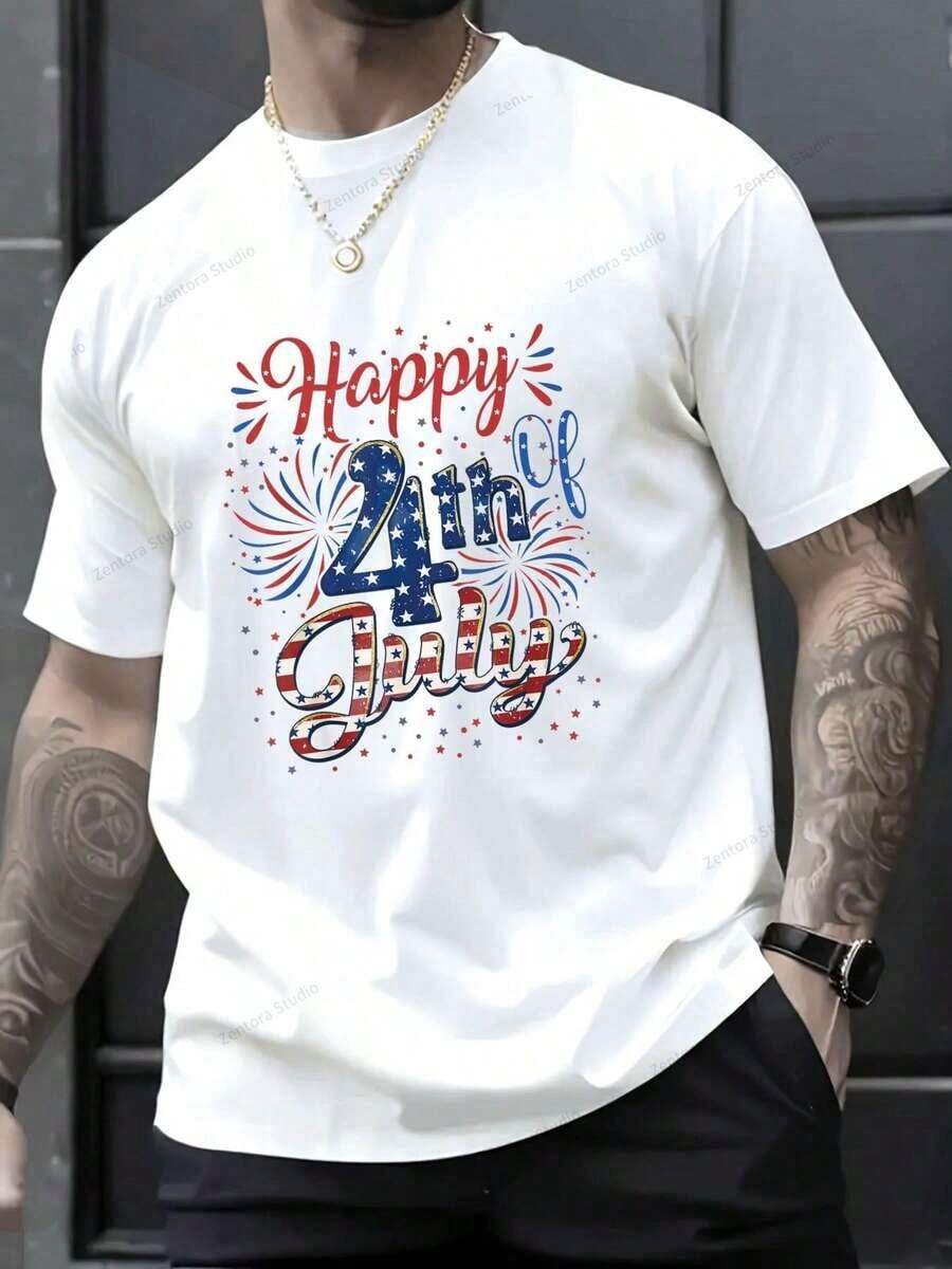 Casual Fireworks Design T-Shirt For The 4th Of July, Patriotic With US Flag - 100% Cotton Graphic Tees For Men, Summer Tees, Y2K Clothing, Matching Sets For Couples, Jamaica Nana T-Shirt, Fashionable Men's Tees - 白色 - 查看 1