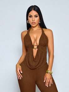 Conjunto de Dos Piezas Sexy y Elegante para Vacaciones en la Playa y Viajes Diarios, Top Halter y Pantalones de Seis Pulgadas, Textura Tejida y Diseño de Cuello Redondo, Ropa de Verano Casual y Cómoda para Mujer Estilo Mujer - Marrón - Ver 6