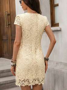 Vestido romántico de manga corta con estampado floral diminuto y bajo asimétrico de encaje para mujer - Albaricoque 2 - Ver 2