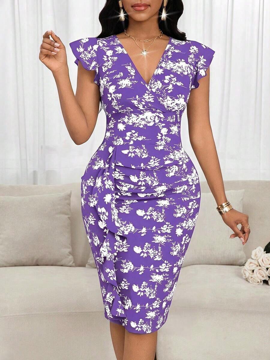 Vestido midi elegante de mujer con cuello en V, estampado floral y volantes - Multicolor 6 - Ver 1