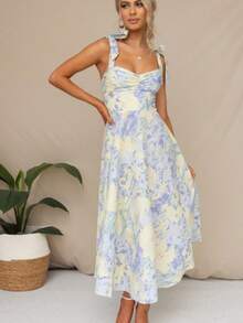 Nuevo vestido midi estampado con escote V y tirantes 2026 estilo euroamericano, ajustado, cintura marcada y efecto adelgazante - Azul - Ver 4