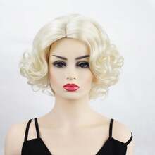 Women's Short Platinum Blonde Wavy Curly Wig, Synthetic Fiber Vintage Hairpiece, Suitable For Halloween Party, Cosplay, Costume Wear, Includes 1 Wig Cap - Gold - View 3