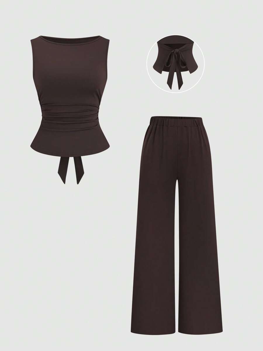 2026 Summer New Arrival Women Coffee Brown Back Bow Tie Ruched Waist Sleeveless Top & Draped Wide Leg Pants Commuter Two Pieces Set - Coffee Brown - View 1