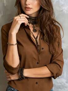 Camisa de manga larga de unicolor para mujer, con diseño de cuello para mostrar un aspecto profesional y capaz, hecha de tela cómoda. - Rojo - Ver 6
