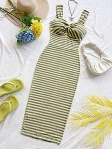 MEXSoleia Vestido midi de verano con estampado de rayas de contraste y abertura, estilo bohemio para mujerMEX KCSS - Amarillo - Ver 5