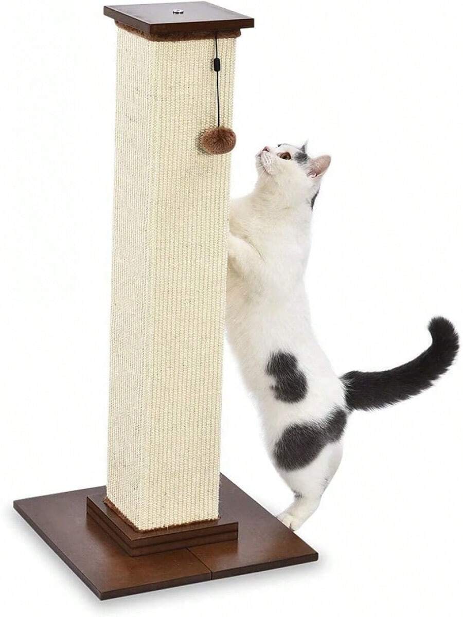 Cat Scratching Post For Indoor Cats 80cm Grey With Dangling Toy Natural Sisal Scratcher - Heavy Duty - Wood (90 Cm) - View 1
