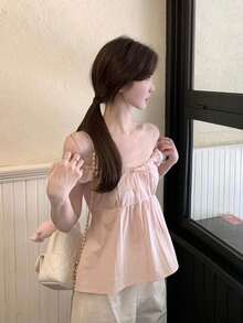 Off-Shoulder Chiffon Blouse, Unique Design, French Style Elegant Loose Top Pink Summer - Pink - View 4