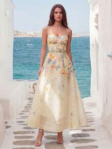 Faeriesty Vestido de noche elegante con tirantes finos y estampado floral para mujer, con estructura de ballenas, cierre de cremallera en la espalda, adecuado para eventos de alfombra roja, cenas formales, bodas de lujo, galas y fiestas de baile de gala - Multicolor - Ver 4