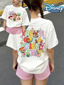 Disney Toy Story Double-Sided Print T-Shirt, Front Heart Frame Featuring Woody And Buzz Lightyear, 'YOU'VE GOT A FRIEND IN ME,' Energetic And Playful, Loose And Versatile Casual Top Pattern Summer Tops,Short-Sleeved Casual And Cute Style  Children's Clothing Design, Girl Clothes For Kids Clothes ,Ropa Para Niños,Teen Girls Clothes, Summer Clothes,Boys Summer Outfits,Boys Clothes,Perfect For Cool Girls. Comfortable And Breathable Children's Short-Sleeved T-Shirt. Comfortable And Casual Wear All Year Children's Clothes,Comfortable & Lightweight, Iconic Print For Mix-And-Match Outfits,Suitable For Both Boys And Girls. - White - View 2