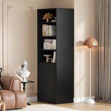 180 Cm High, Extra Narrow Bookcase With Side Drawers - Adjustable Shelves, Interchangeable Left And Right, Suitable For Small Spaces - Sideboard, Living Room Cabinet, Bookcase - Black - View 3