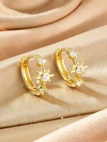1 Pair Elegant Copper Micro-Inlaid Star Round Hoop Earrings, Minimalist Versatile Daily Wear & Gift For Women - Multicolor - View 5
