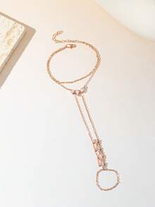 1pc Fashion Elegant Cubic Zirconia Connected Bracelet Minimalist Hand Chain Ring Jewelry For Women, Suitable For Daily, Nightclub Party, Gathering Wear. - Rose Gold - View 1