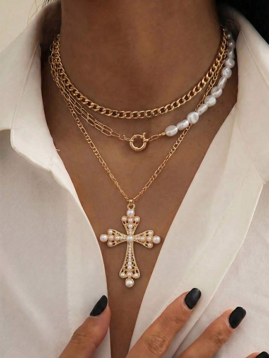 3pcs Minimalist Vintage Modern Retro Coin, Chain, Cross Pendant, White Bead Necklace Set, Suitable For Party, Holiday, Gift, Daily Wear - Gold - View 1