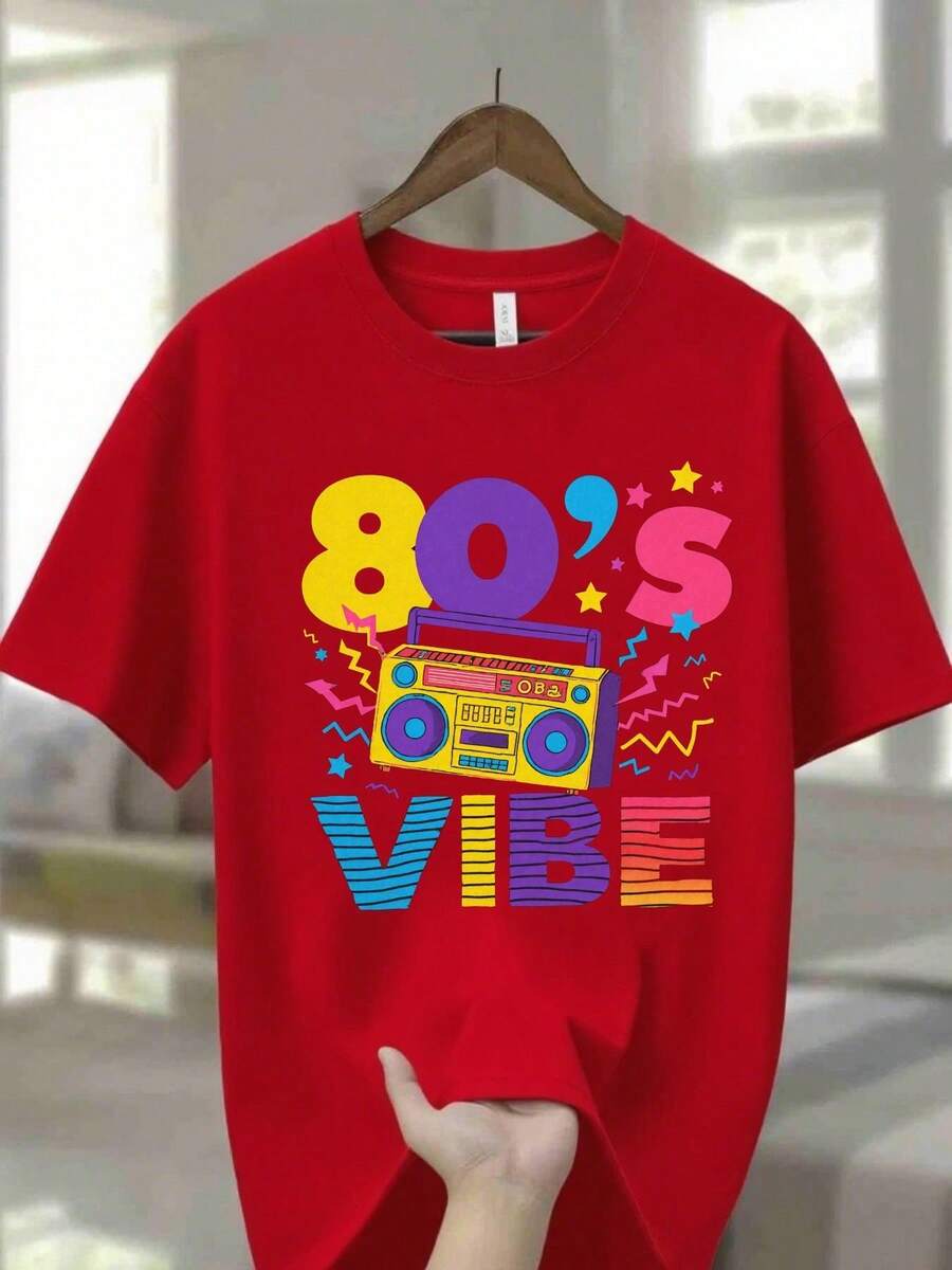 Men's Crew Neck T-Shirt, 100% Cotton, 220G, In Navy Blue, With A Vibrant Retro 80s Boombox Graphic With The Words 'FUNKY' And 'VIBE', Along With Fun Stars And Zigzag Patterns - An Ideal Gift For Men, Perfect For Casual Summer Wear. - 紅色 - 查看 1