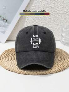1pc Men's "No Pain No Gain" Barbell & Dumbbell Graphic Distressed Outdoor Sports Casual Baseball Cap, Adjustable Polyester Fabric, Suitable For Spring/Summer/Autumn/Winter - Mũ lưỡi trai - Xem 1