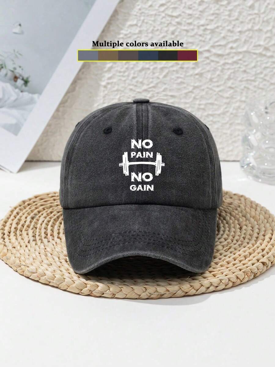 1pc Men's "No Pain No Gain" Barbell & Dumbbell Graphic Distressed Outdoor Sports Casual Baseball Cap, Adjustable Polyester Fabric, Suitable For Spring/Summer/Autumn/Winter - Mũ lưỡi trai - Xem 1