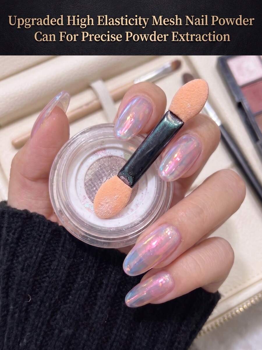 Upgraded High Elasticity Mesh Jar Ice Translucent Iridescent Holographic Aurora Nail Powder Precise Powder Extraction Shiny Nail Glitter Powder With Dual-Ended Sponge Applicator For DIY Nail Art Manicure Decoration(0.5g/Bottle) - Multicolor - View 1