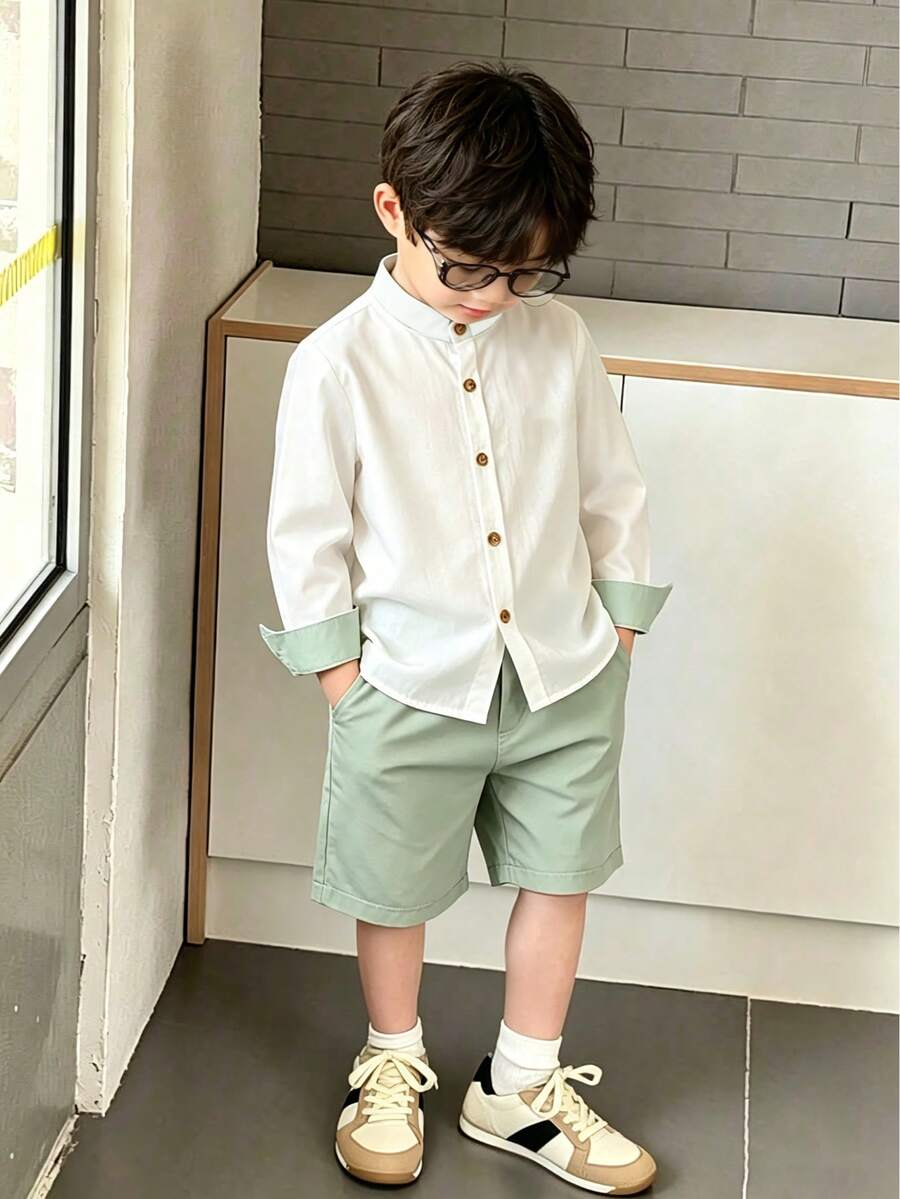 2pcs/Set Young Boy Spring/Summer Contrast Color Collar Long Sleeve Shirt & Solid Shorts Set, Casual School Style Outfit - Green - View 1