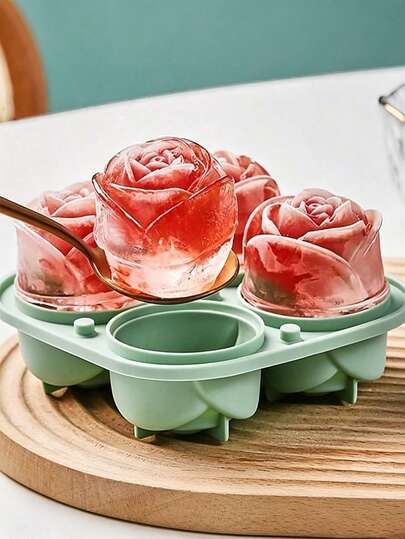4-Cavity Rose Shaped Silicone Ice Cube Tray With Lid, 3D Rose Ice Ball Maker, Ice Cube Mold For Whiskey, Cocktails, Romantic Occasions