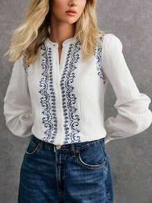 2026 Blusa elegante de mujer con estampado floral, manga abullonada y abotonadura sencilla, estilo bohemio vintage, blusa de manga larga blanca, blusa de estilo bohemio para mujer, blusa de manga larga, blusa de otoño para mujer, blusas y camisas occidentales para mujer, blusa abotonada estilo bohemio - Blanco - Ver 5