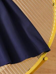 Girls' Lightweight Thin College Style Lapel Short Sleeve Half-Button Colorblock Woven Dress, Fashionable Back-To-School Summer Dress - Navy Blue - View 7