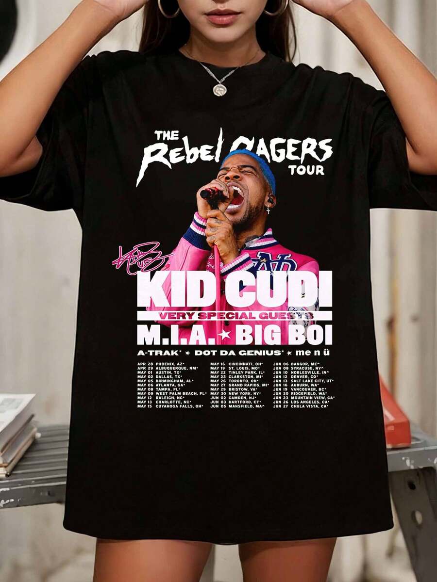 Kid Cudi The Rebel Ragers Tour Concert Schedule Graphic Oversized Black T-Shirt - Black - View 1
