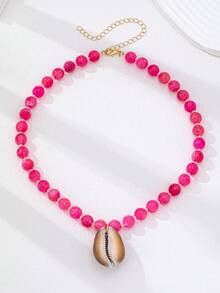 1pc Tropical Layered Resin Bead Necklace For Women, Colorful Beaded Necklace With Conch Shell Pendant, Beach Vacation Wear - Multicolor - View 5