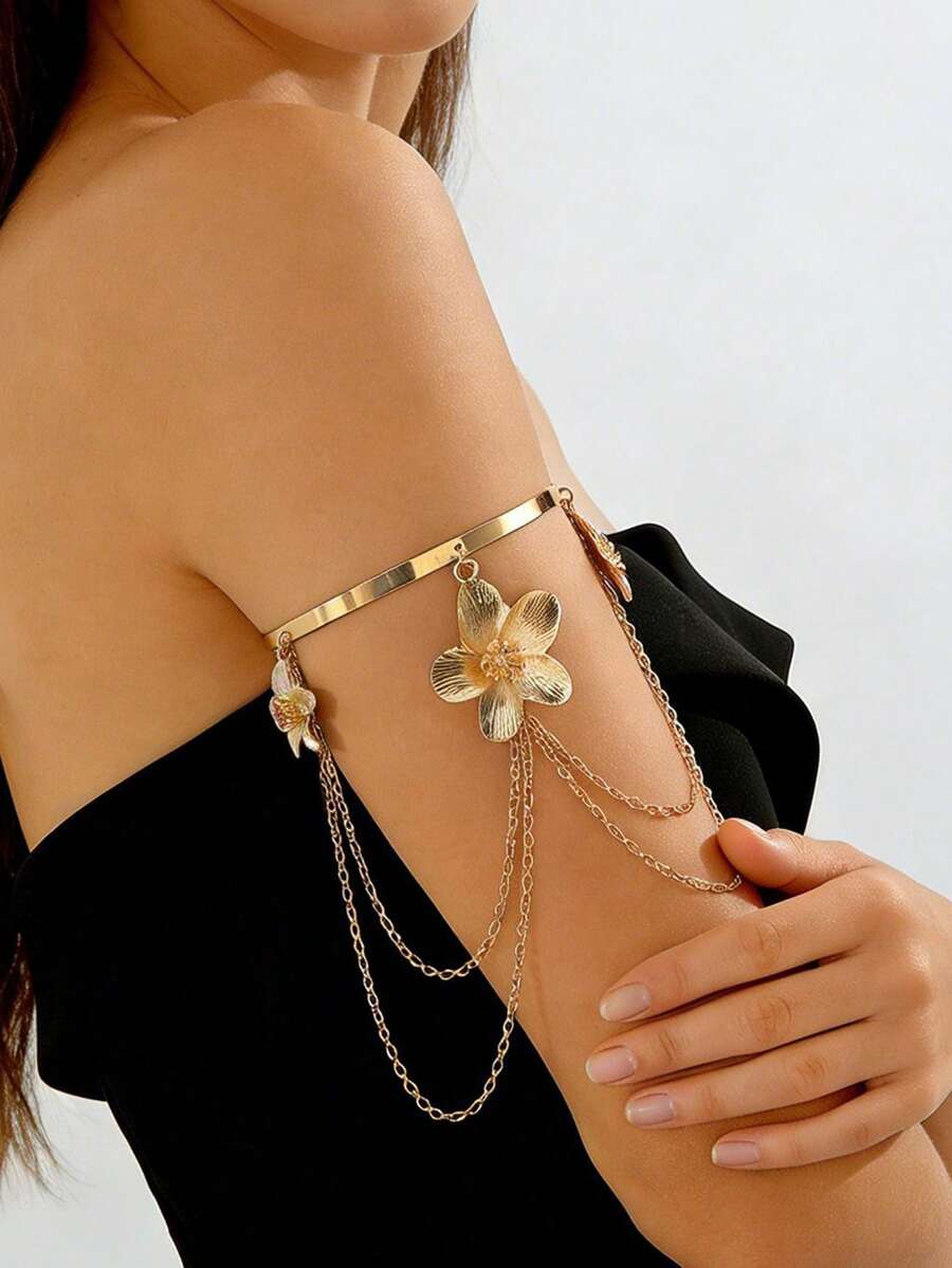 1pc Punk Floral Adjustable Arm Chain, Metal Hanging Chain Tassel Armlet, Suitable For Women Daily, Beach, Party, Graduation Season Wear, Gift For Girlfriend - Gold - View 1