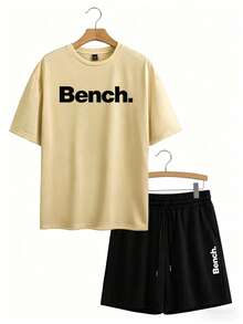 大尺碼男士 "Bench." 印花圓領短袖T恤與抽繩腰短褲休閒兩件套 - 卡其色 - 查看 2