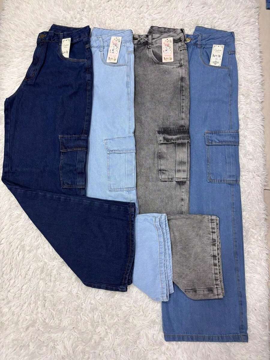Kit Of 2 Women's Cargo Jeans With Wide Leg And High Waist, In 4 Random Colors (2 Pieces). - 彩色 - 查看 1