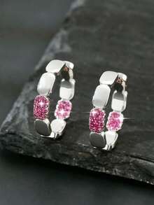 1 Pair Luxury Copper Zirconia Geometric Round Hoop Earrings, Fashionable For Women, Party & Date Gift - Round - View 10
