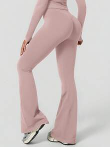 NcmRyu 1 pieza Pantalones deportivos de cintura alta, unicolor, sin costuras, minimalistas, con elástico y efecto levantador de glúteos, de campana, color negro, para primavera - Gris Claro - Ver 3