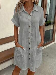 Vestido Camisero Casual de Color Sólido Moda 2026, Mini Vestido Elegante con Cuello de Solapa y Botones para Mujer, Ropa Cómoda de Verano Diario - Gris - Ver 5