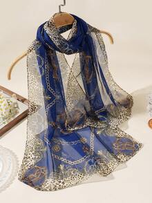 1pc Women's Comfortable Breathable Lightweight Printed Scarf/Headscarf, Suitable For Travel, Beach, Gatherings - Navy Blue - View 1