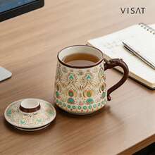 Elegant Ceramic Lotus Mug With Gold & Silver Lotus Pattern, Artistic Coffee Tea Cup With Matching Lid And Built-In Infuser Filter For Loose Leaf Tea, Herbal Drinks, Coffee, Milk & Hot Or Cold Beverages, Smooth Glazed Ceramic Mug Designed For Comfortable Grip And Easy Cleaning, Decorative Floral Lotus Drinkware For Home, Office Desk, Study Room, Reading Corner & Relaxing Tea Time Moments, Luxury Asian Inspired Ceramic Cup Combining Practical Everyday Use With Sophisticated Decorative Appeal, Multifunction Tea Mug With Lid Helps Retain Heat While Stainless Infuser Supports Tea Brewing Convenience, Stylish Lotus Pattern Mug Ideal For Morning Coffee, Afternoon Tea, Meditation Spaces, Wellness Routines & Elegant Table Decor, Durable Ceramic Drink Cup Suitable For Women, Tea Lovers, Coworkers, Friends & Gift Giving Occasions - Dunhuang - View 6