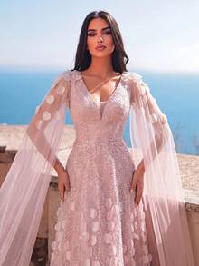 Faeriesty Đầm dạ hội dài tay đính sequin thanh lịch dành cho nữ - Họa tiết hoa, áo choàng voan mỏng và thắt lưng, thích hợp cho buổi hẹn hò lãng mạn ngày Valentine, đám cưới sa mạc và tiệc thảm đỏ trang trọng. - Bụi hồng - Xem 2
