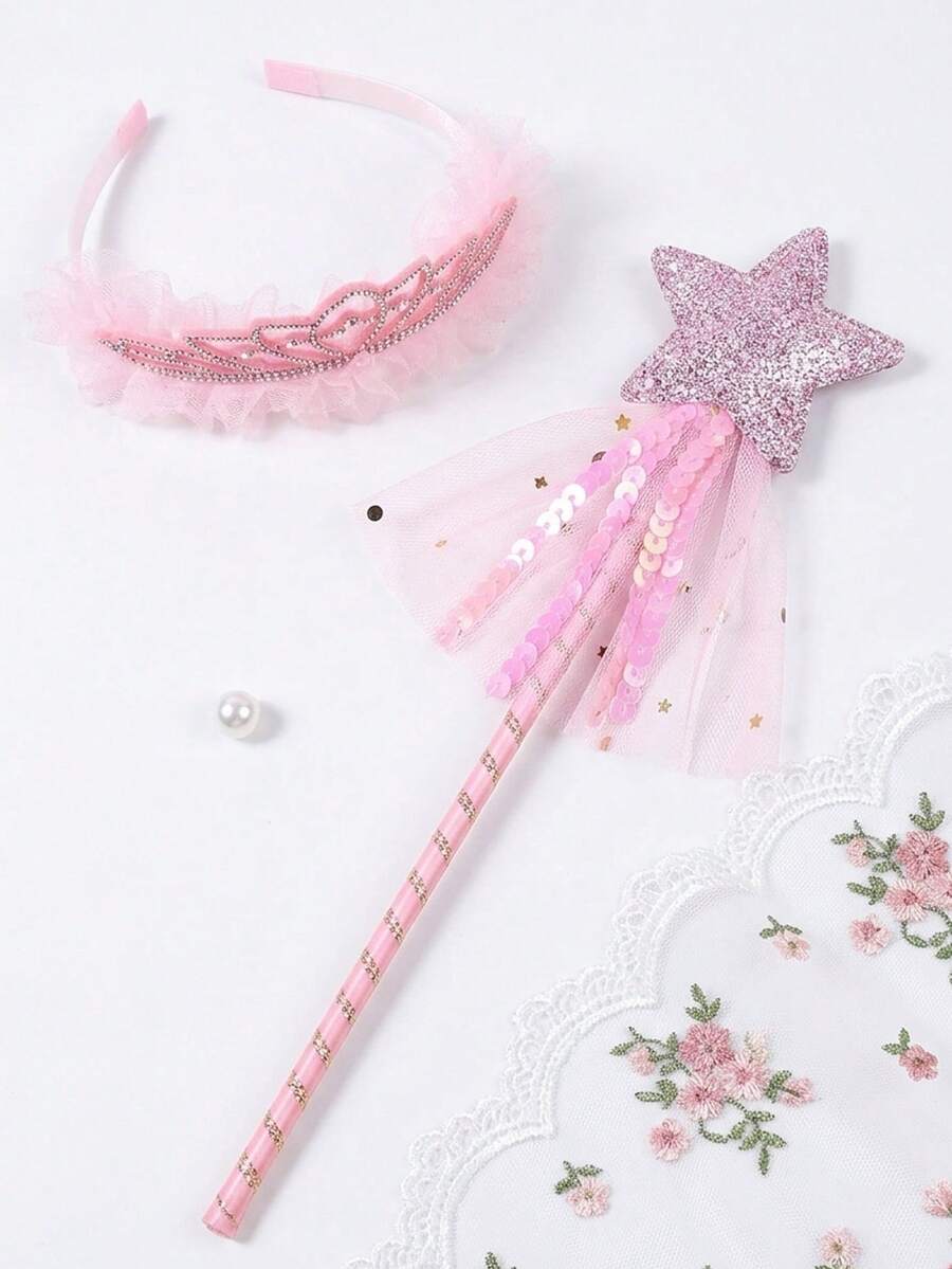 2件組女孩皇冠頭飾,網紗亮片星星魔杖,優雅仙女女巫髮飾,適用表演、婚禮、派對、度假,女兒生日禮物 - 彩色 - 查看 1