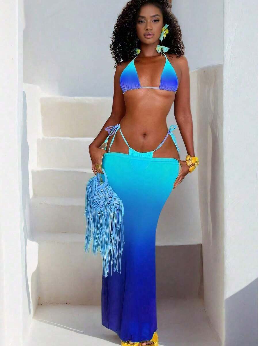 Conjunto de bikini sexy para mujer de 3 piezas, bikini halter de color sólido con efecto ombré brillante y falda larga de malla, adecuado para vacaciones, Pascua, festivales, salidas, citas nocturnas, ropa para todas las mujeres, vacaciones de otoño y verano.