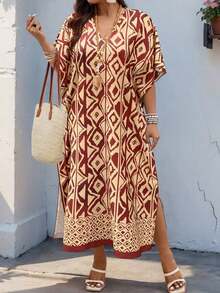 Weeklong Vestido holgado con cuello en V y mangas raglán con aplicaciones, adecuado para uso diario y vacaciones, tallas grandes para mujeres - Multicolor 9 - Ver 5
