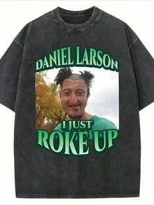 1 pieza NUDEA, 1 pieza para el Día de San Valentín, camiseta gráfica oversize lavada con estampado "I Just Roke Up" de Daniel Larson, estilo Y2K, casual, adecuada para tops de mujer, atuendos de festival, uso diario, 180g 100% algodón. - Negro - Ver 6